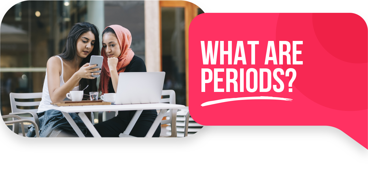 Two friends researching periods on phone and laptop