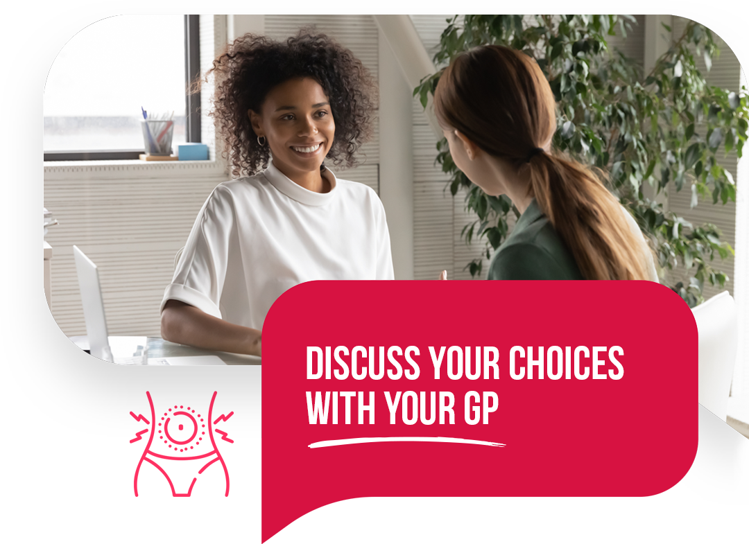 Woman discussing heavy menstrual bleeding treatment choices with GP